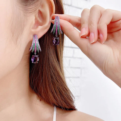 Rhodium Plated Black Purple Cubic Zirconia Oval Chandelier Dangle Drop Earrings